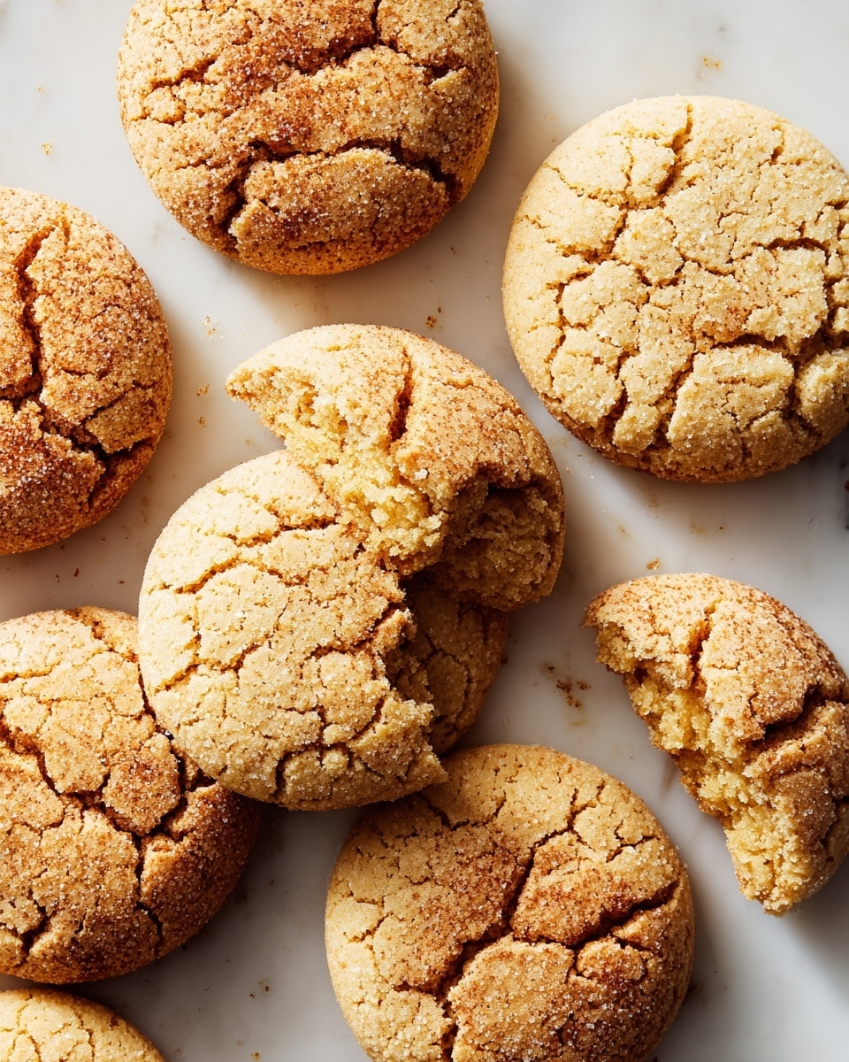 The image shows a close-up of six round cookies with a rough, cracked surface and a golden brown color. One cookie is broken in half, revealing a soft, slightly crumbly inside with a light yellowish hue. The cookies are arranged on a white marbled surface, with the focus on the texture and color contrast between the crispy outside and tender inside. The lighting highlights the warm tones and the crumbly texture of the cookies. photo taken with an iphone --ar 4:5 --v 7