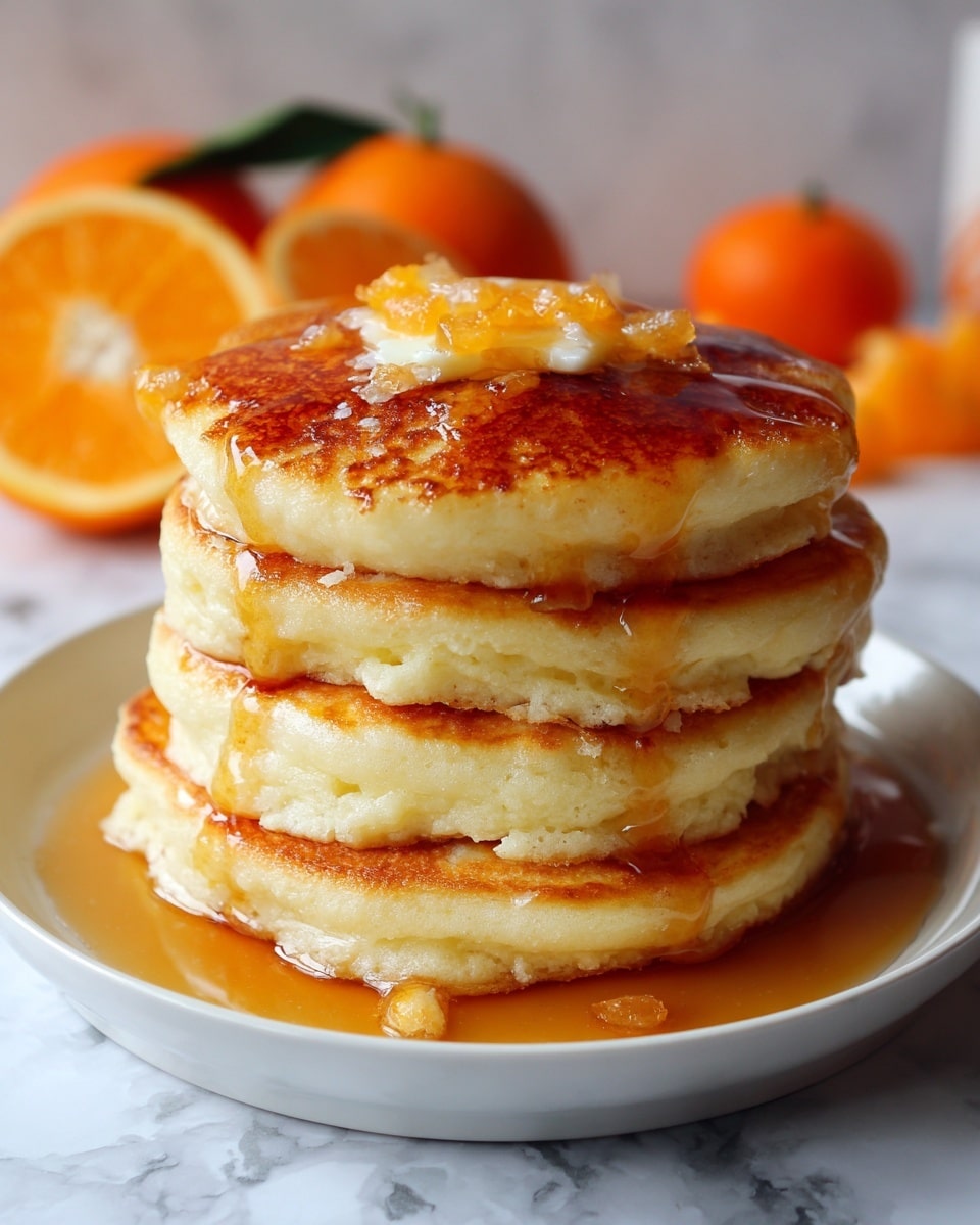 A stack of five fluffy pancakes sits on a white plate, each pancake golden brown with slightly crispy edges and soft, airy centers. The pancakes have a drizzle of light yellow syrup flowing down the sides, adding a shiny and sticky texture. Around the plate, there are small pieces of orange zest scattered on top of the syrup, giving a fresh, citrus touch. The background shows a soft white marbled surface with a blurred pumpkin and orange slice nearby, adding warm autumn colors. Photo taken with an iphone --ar 4:5 --v 7