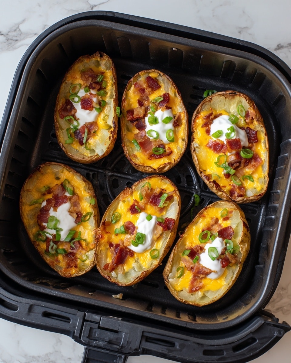 Five potato skins are placed inside a black air fryer basket with a perforated base, all resting on a white marbled texture. Each potato skin has a crispy brown outer shell and is filled with a yellowish mashed potato layer. On top, there is a dollop of white sour cream, scattered pieces of crispy brown bacon, shredded orange cheddar cheese, and finely chopped green onions. The textures range from crunchy edges of the skins to creamy and cheesy toppings, with the colors mainly brown, yellow, white, orange, and green. photo taken with an iphone --ar 4:5 --v 7