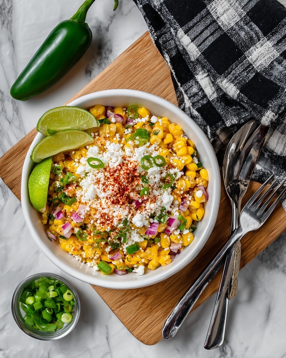 A white bowl filled with a colorful corn salad is placed on a wooden board over a white marbled texture. The salad has three main layers: the bottom layer is yellow corn kernels mixed with small pieces of red onion and green herbs, the middle layer is sprinkled with sliced green onions adding a fresh green color, and the top layer is a generous dusting of white crumbly cheese and a light sprinkling of red chili powder dusted over the salad. Two lime wedges sit on the side of the bowl to add a pop of bright green. Near the bowl, there is a whole green jalapeño pepper and two silver spoons resting on a white cloth with a black grid pattern. Photo taken with an iphone --ar 4:5 --v 7