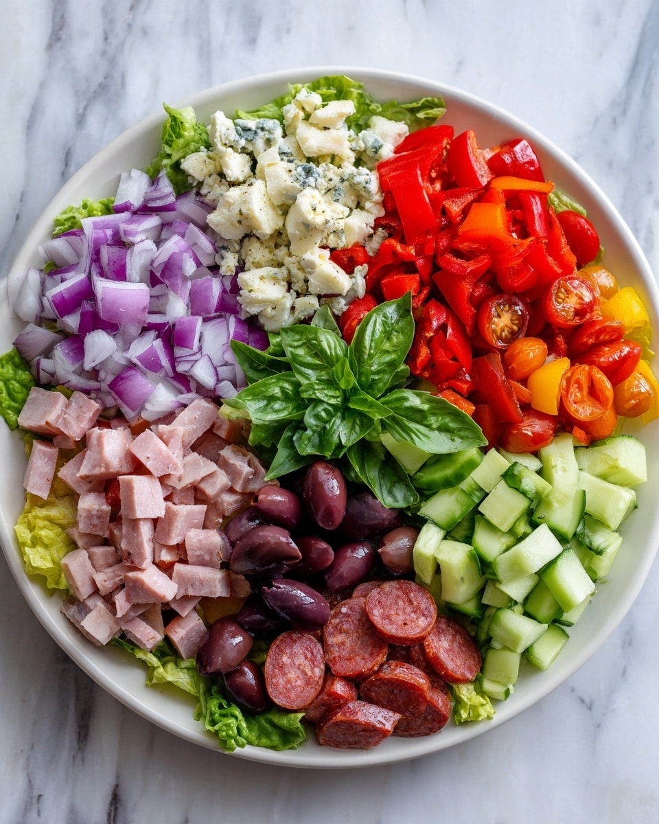 The image shows a white round plate filled with a colorful salad arranged in separate sections. Starting from the top, there are bright red cherry tomatoes next to slices of dark red chorizo. On the right side, there are roasted red peppers with a shiny texture. Below that, there are small pieces of light green cucumber. At the bottom, there are chunks of pink cooked meat. To the left of the meat, there are small purple onion pieces. Above the onion, there are white cubes of cheese with blue veins. In the center of the plate, a small bunch of fresh green basil leaves sits on a bed of light green lettuce leaves. The plate is set on a white marbled surface. Photo taken with an iphone --ar 4:5 --v 7