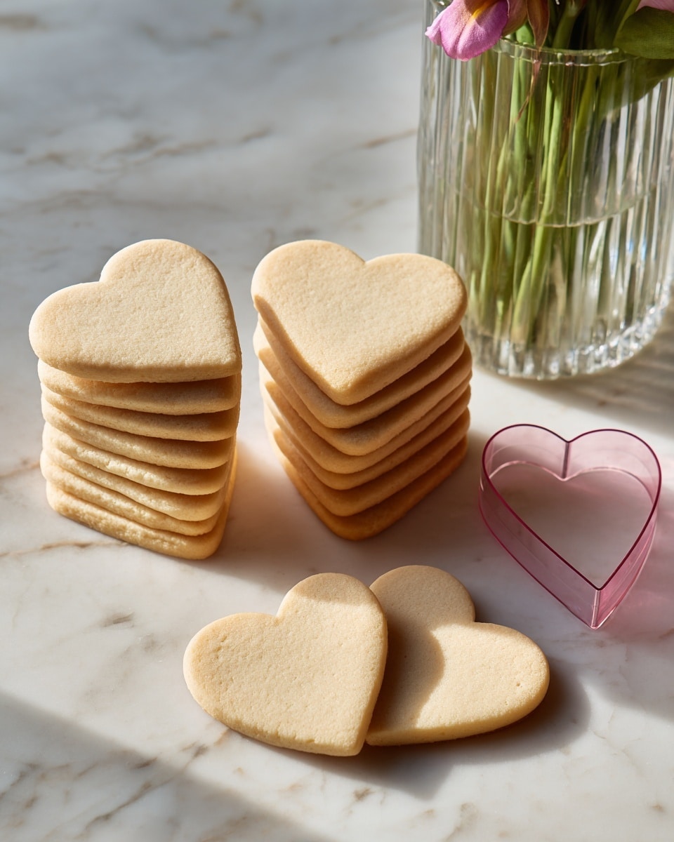 The image shows two stacks of plain sugar cookies on a white marbled surface. One stack has six heart-shaped cookies in a pale beige color with smooth edges, placed slightly angled so the layers are visible. The other stack has four round cookies in the same light beige color, positioned near two single round cookies lying flat. To the right of the cookie stacks, there is a clear plastic heart-shaped cookie cutter with a pink edge. In the background on the left side, a clear glass vase with green stems is partially visible. The overall setting is clean and bright with a simple white marbled texture beneath the cookies. photo taken with an iphone --ar 4:5 --v 7