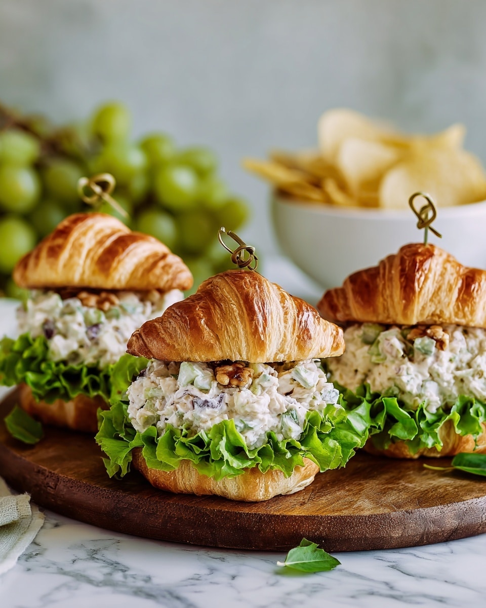 The image shows three croissant sandwiches on a wooden board over a white marbled surface. Each croissant is golden brown and flaky, sliced in half horizontally to hold the fillings. The first layer inside is bright green leafy lettuce, fresh and curly. On top of the lettuce is a thick layer of creamy chicken salad mixed with visible bits of celery, red grapes, and chopped nuts, creating a mix of white, green, red, and brown colors and a chunky texture. Each sandwich is held together with a decorative toothpick with a twisted top. In the background, a white bowl holds yellow potato chips, and some red grapes are scattered around, all set against a soft, light gray background. photo taken with an iphone --ar 4:5 --v 7
