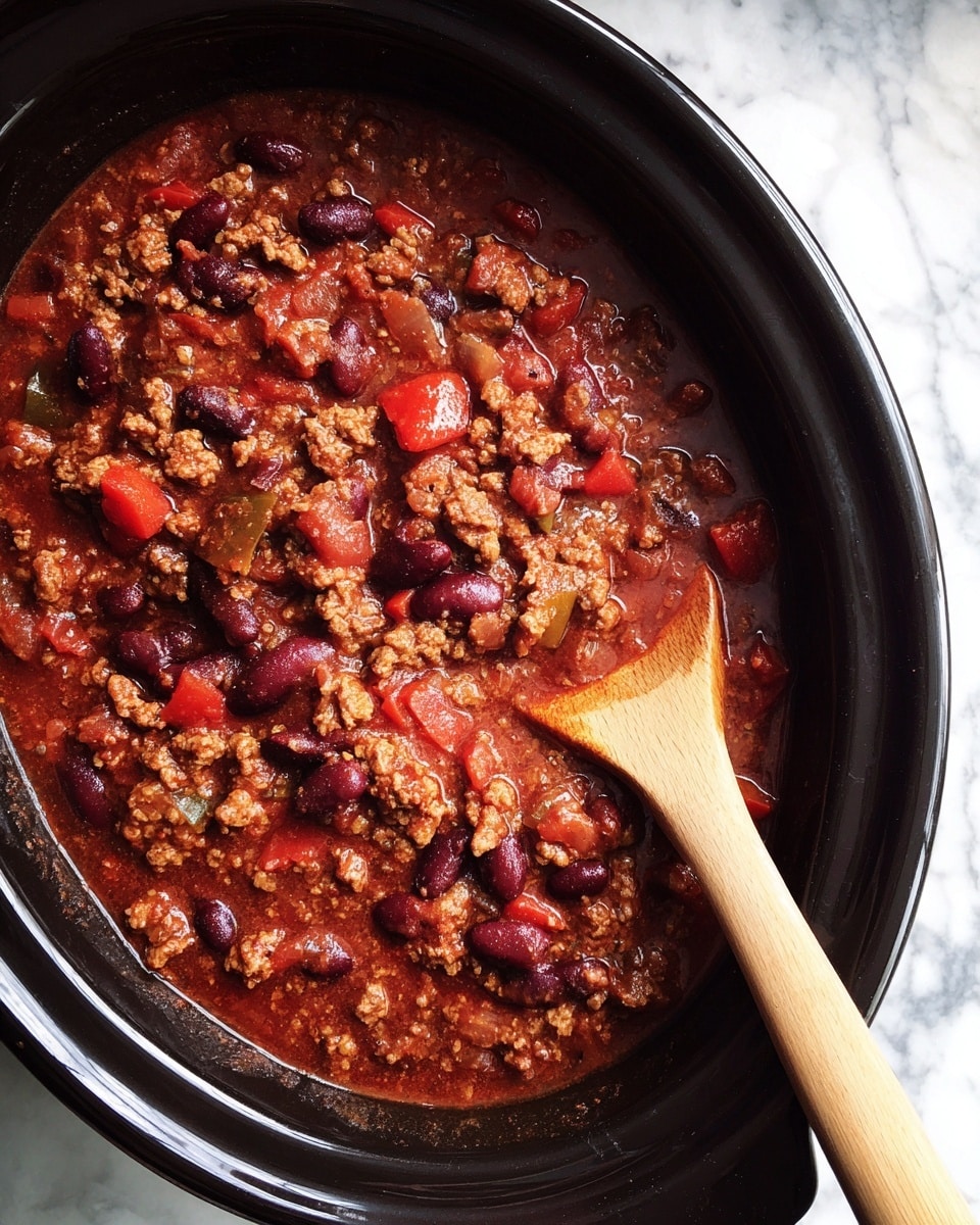 A close-up top view of a thick chili dish inside a black slow cooker with ground meat, red kidney beans, black beans, and diced tomatoes mixed in a rich reddish-brown sauce, showing a chunky texture with visible small onion pieces. A wooden spoon rests inside the slow cooker, partly dipped into the chili, with a smooth light brown handle and bowl. The slow cooker is on a white marbled surface, and the image has warm natural lighting. photo taken with an iphone --ar 4:5 --v 7