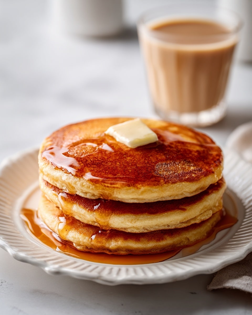 A stack of three golden brown pancakes sits in the center of a white plate with a scalloped edge, each pancake evenly cooked with slight caramelized spots and soft texture. A small dollop of melted butter rests on top, slowly melting and shining, with syrup drizzled over the stack and pooling slightly on the plate around the bottom pancake. In the background, there is a clear glass filled with light brown tea on a white marbled surface. The scene is bright and simple, focusing clearly on the pancakes. photo taken with an iphone --ar 4:5 --v 7