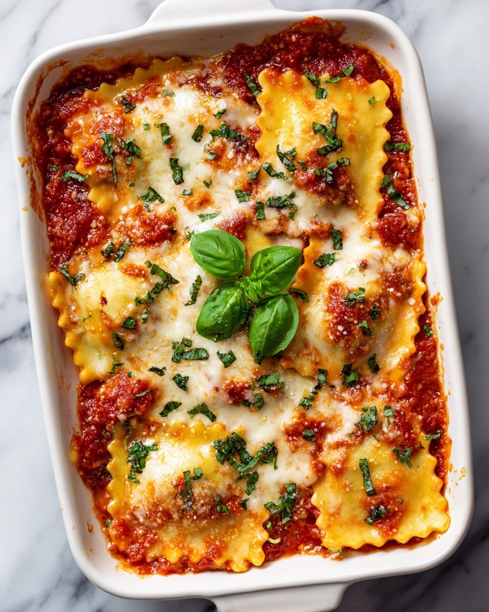 A white baking dish filled with multiple layers of ravioli pasta, covered in rich red tomato sauce and melted white cheese on top. The ravioli have a slightly textured, soft yellow surface and are arranged neatly in the dish. The sauce shows through around the edges, and the top layer is sprinkled with green, fresh basil leaves and finely chopped herbs, adding a pop of green color. The cheese is bubbly and browned in spots, creating a mix of creamy white and golden hues. The photo is taken with an iphone --ar 4:5 --v 7