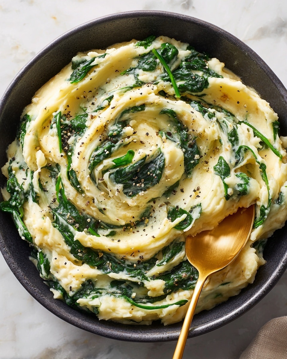 A dark bowl filled with creamy mashed potatoes mixed with wilted dark green leafy vegetables, showing a smooth and slightly chunky texture with scattered black pepper on top. A gold spoon is dipped into the dish on the right side of the bowl, adding a touch of shine and contrast. The bowl sits on a white marbled surface, enhancing the colors of the food and the bowl. photo taken with an iphone --ar 4:5 --v 7