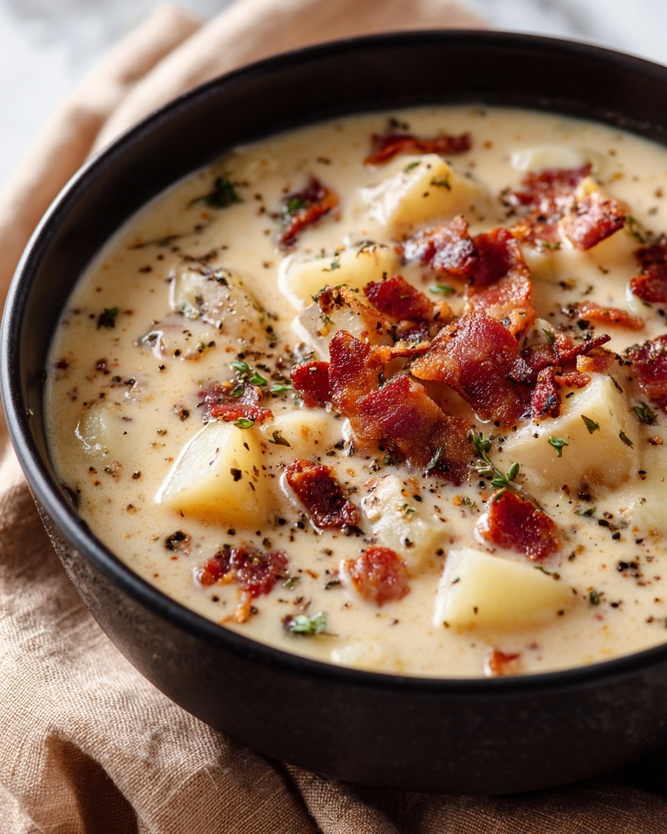 A black bowl filled with creamy beige soup with visible chunks of pale yellow potatoes and small pieces of dark red bacon scattered throughout. The soup has a smooth texture with bits of green herbs sprinkled on top, and some black pepper flakes adding contrast. This bowl sits on a white marbled surface with other food items blurred in the background. photo taken with an iphone --ar 4:5 --v 7