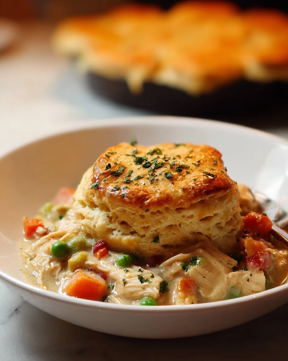 A white bowl filled with a creamy chicken and vegetable stew that has chunks of orange carrots, green peas, and pieces of white chicken mixed in a pale, thick sauce. On top of the stew sits a golden-brown biscuit with a slightly shiny, crisp crust sprinkled with small green herb pieces. The biscuit has two visible layered sections showing a soft, fluffy inside. The dish is on a white marbled surface, and there is a blurry baked dish in the warm background. photo taken with an iphone --ar 4:5 --v 7