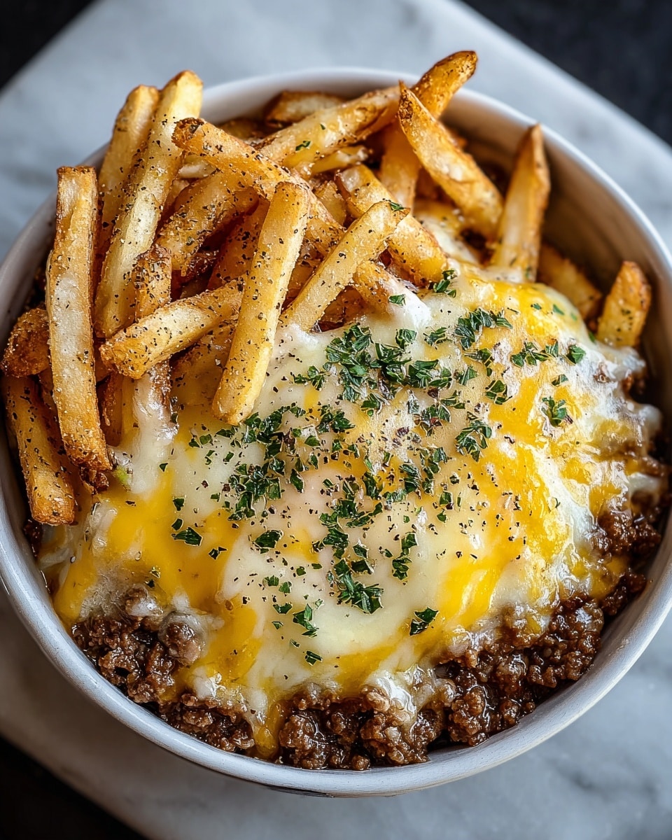 A round white bowl filled with three main layers: the bottom layer is a smooth base hidden beneath, topped with a thick layer of cooked ground beef that looks dark brown and crumbly, covered by a melted mix of yellow and white cheese that is gooey and stretches slightly over the beef. On top, there is a generous pile of golden French fries, sprinkled lightly with chopped green herbs and some black pepper, giving a fresh color contrast. The bowl sits on a white marbled surface. Photo taken with an iphone --ar 4:5 --v 7