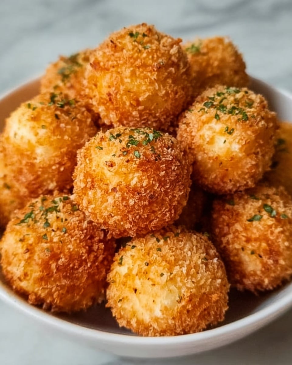 A white bowl filled with about a dozen round, golden-brown balls that are crispy on the outside, each with a rough texture showing small bits of toasted crumbs. The balls are piled close together, showing uneven but crunchy surfaces with a light sprinkle of green herbs. The bowl sits on a white marbled surface. Photo taken with an iphone --ar 4:5 --v 7