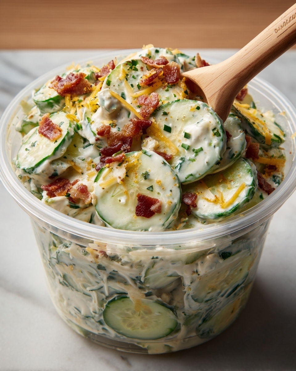 A clear, square plastic container filled with a salad made of many layers: the bottom layer is thick, creamy white ranch dressing mixed with sliced light green cucumbers covered in bits of small crispy brown bacon pieces and sprinkled with finely chopped green herbs on top. There are also small yellow cheese shreds scattered throughout the salad, adding a slight pop of color against the creamy and fresh green base. The container is placed on a white marbled surface. photo taken with an iphone --ar 4:5 --v 7