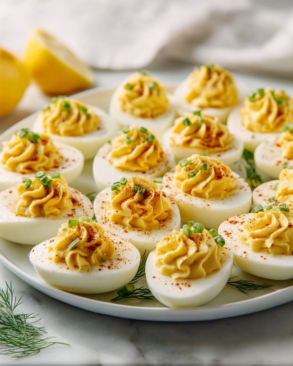 A white plate holds sixteen deviled eggs, each cut in half with a smooth white egg white base holding a bright yellow, creamy filling piped in a thick swirl. The yellow egg filling is sprinkled with small green chive pieces and a fine dusting of orange paprika. Tiny sprigs of dill garnish some eggs on top. To the left side of the plate, two slices of bright yellow lemon rest next to the eggs. The plate sits on a white marbled surface with soft, natural light coming from the window at the back. photo taken with an iphone --ar 4:5 --v 7