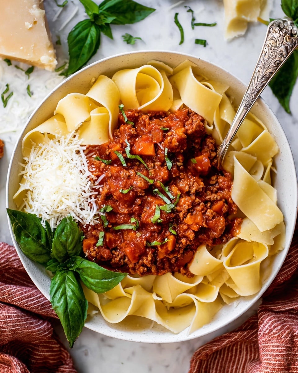 A white bowl is filled with wide, flat pasta ribbons arranged in a loose circular shape around the edge. On top, a thick, chunky red meat sauce with pieces of carrot and ground meat covers the pasta's center. White grated cheese is sprinkled over part of the sauce, and fresh green basil leaves and parsley are placed on top for garnish. A silver spoon rests in the sauce, slightly sinking into it. The bowl sits on a white marbled surface with some green herbs and a piece of cheese visible around it. Photo taken with an iphone --ar 4:5 --v 7