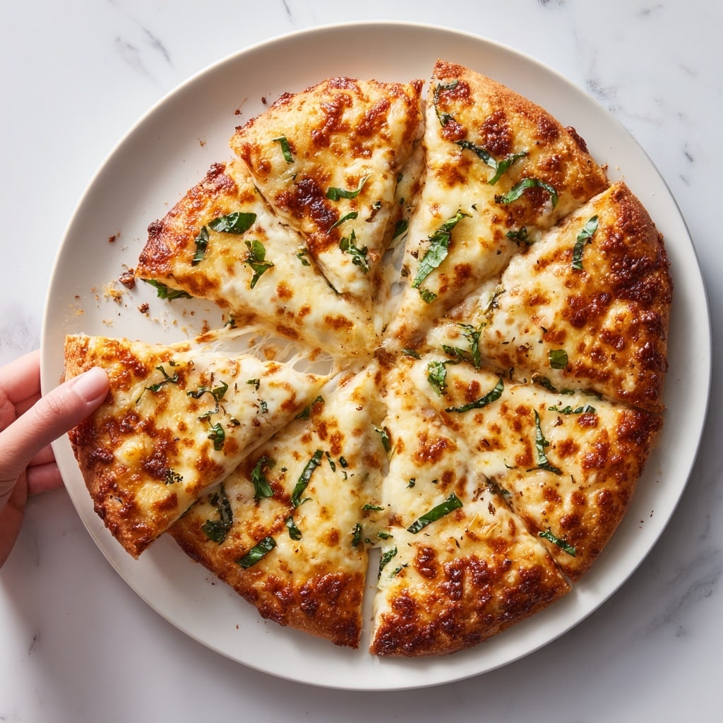 A round pizza with a golden-brown crust is cut into six slices, one slice being pulled away by a woman's hand. The top layer has melted cheese that is bubbly and slightly browned, scattered with fresh green basil leaves. The pizza is placed on a white plate, set on a white marbled surface with some small bowls and fresh basil around it. The cheese texture looks smooth with some stretchy spots where the slice is being lifted. photo taken with an iphone --ar 4:5 --v 7