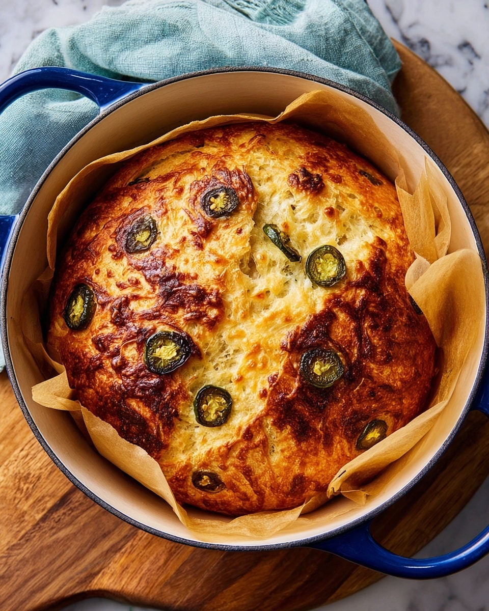 A round loaf of bread with a golden brown, crackled crust sits inside a blue-handled pot lined with light beige parchment paper, the parchment slightly wrinkled around the edges. The top of the bread is studded with several round slices of dark green jalapeños, some showing seeds, baked into the crust. The crust appears crispy with a blurred texture from melted cheese that has browned, adding a slightly rough and bubbly surface. The pot is placed on a wooden board with a hint of a blue cloth nearby, all set on a white marbled surface. photo taken with an iphone --ar 4:5 --v 7