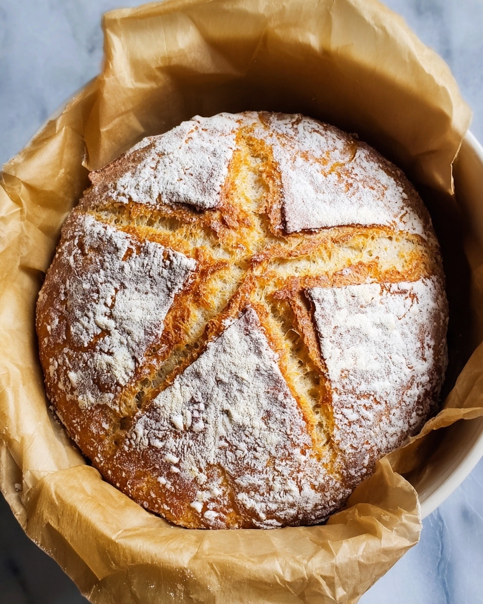 A round loaf of bread with a golden brown crust is shown inside a white bowl lined with parchment paper. The bread has a light dusting of white flour on top and a star-shaped pattern cut into the crust, revealing a soft, airy interior. The bread looks fresh with a slightly crispy texture on the surface, resting snugly within the parchment paper that is gently folded around it. The background is a white marbled texture. photo taken with an iphone --ar 4:5 --v 7