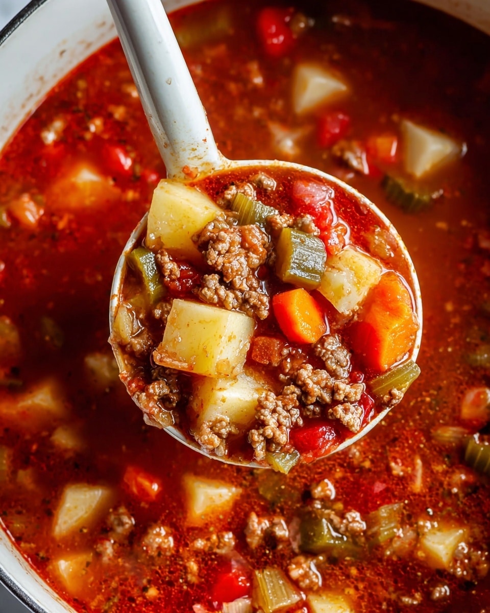A close-up view of a thick stew filled with vibrant ingredients, showing about three layers of ingredients in a white ladle at the center. The bottom layer is a rich, deep red tomato broth with visible herbs and spices. Floating within the broth are chunks of golden yellow potatoes, bright orange carrot slices, small green celery pieces, and bits of ground meat with a crumbly texture. The stew pieces are mixed and covered by the liquid, showing a shiny, oily surface that reflects light. The background is also filled with the same stew, creating a warm, hearty look on a white marbled texture. Photo taken with an iphone --ar 4:5 --v 7
