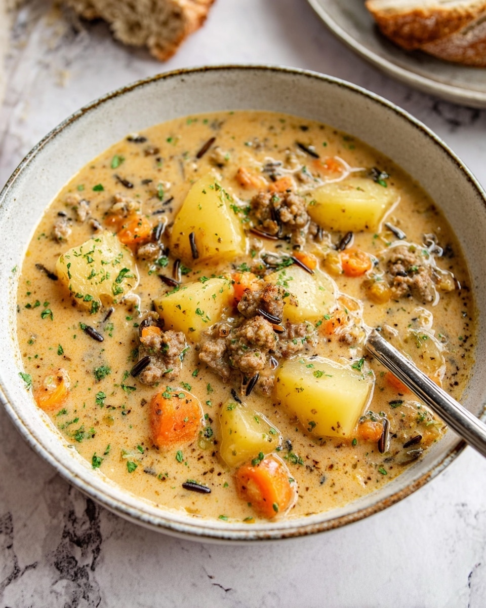 A bowl filled with a creamy stew showing three main layers: large pale yellow potato chunks, orange carrot slices, and small meat pieces mixed with wild rice that adds dark brown and black specks throughout. The liquid layer is thick and light tan, coating all ingredients and sprinkled with finely chopped green herbs. A silver spoon rests on the right side in the bowl. The bowl is round with a light speckled tan and white pattern and a thin brown rim, placed on a white marbled surface with pieces of light brown bread in the top part of the image. Photo taken with an iphone --ar 4:5 --v 7