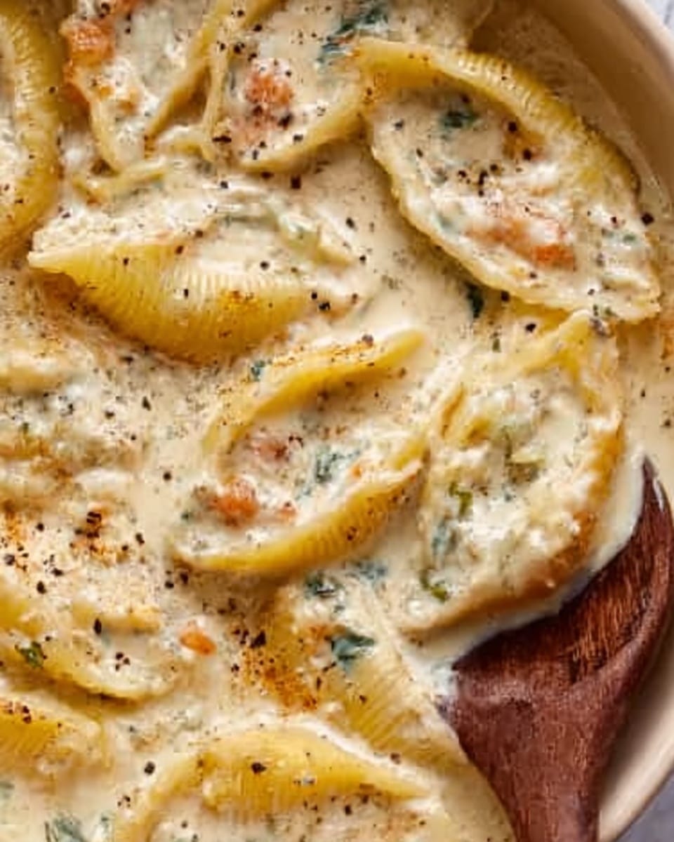 The image shows a close-up of a creamy pasta dish with several layers. The base layer is a smooth, thick white sauce that covers the pasta evenly. On top of this sauce, yellow pasta pieces are arranged, some slightly curled, with a soft texture. There are small pieces of green herbs scattered across the dish, adding a splash of color. Sprinkled black pepper or seasoning dots the surface unevenly. A wooden spoon rests inside the white bowl, slightly lifting some pasta and sauce, showing the dish's creamy thickness. The background is a white marbled texture. photo taken with an iphone --ar 4:5 --v 7