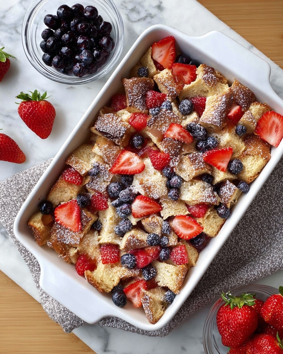 A white baking dish filled with golden brown bread pudding made of thick, uneven pieces of bread layered throughout. Fresh red strawberry slices and small round blueberries are scattered on top and baked into the pudding. The surface is dusted with a light layer of white powdered sugar, giving a soft, snowy look. The dish rests on a light wooden table with two small clear bowls nearby, one filled with whole blueberries and the other with whole red strawberries. A grey textured towel is placed under the top edge of the baking dish. Photo taken with an iphone --ar 4:5 --v 7