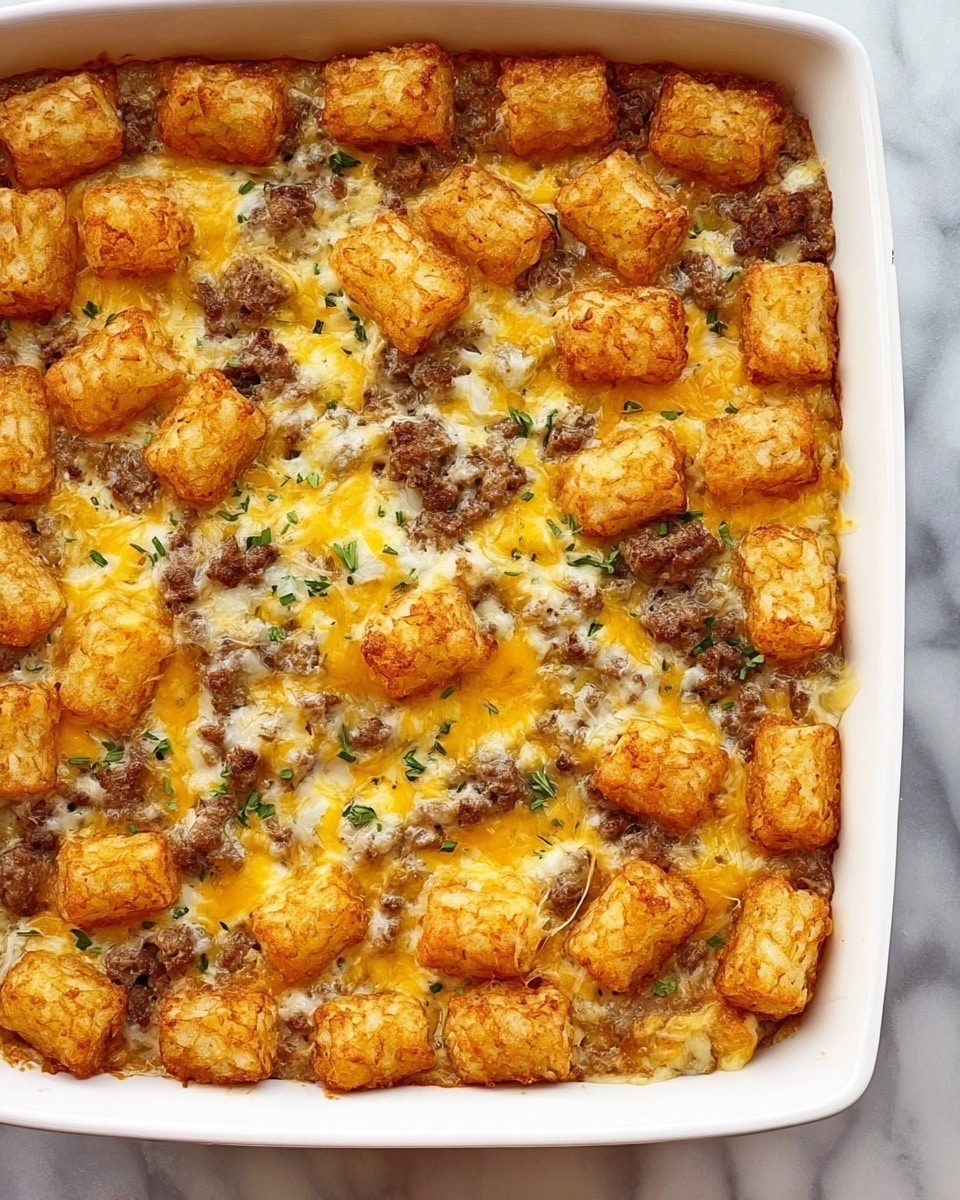 The image shows a white square baking dish filled with a layered casserole. The bottom layer is creamy and light-colored, topped with cooked ground beef that appears brown and crumbly. There is a layer of melted cheddar cheese scattered unevenly across the dish, blending orange and yellow shades. On top, a generous layer of golden-brown tater tots adds a crispy texture. Small green herb sprinkles are visible, adding slight color contrast. The surface beneath the dish is a white marbled texture. Photo taken with an iphone --ar 4:5 --v 7