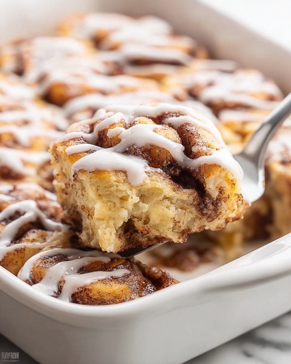 A close-up view of a soft, layered cinnamon roll casserole held by a silver spoon inside a white dish, showing a golden-brown base with thick swirls of dark cinnamon filling and lightly toasted edges; the top is drizzled with white icing in uneven lines, creating a sweet glaze over the textured dough that looks moist and fluffy; the dish is sitting on a white marbled surface, with more of the casserole visible in the background, slightly blurred. photo taken with an iphone --ar 4:5 --v 7