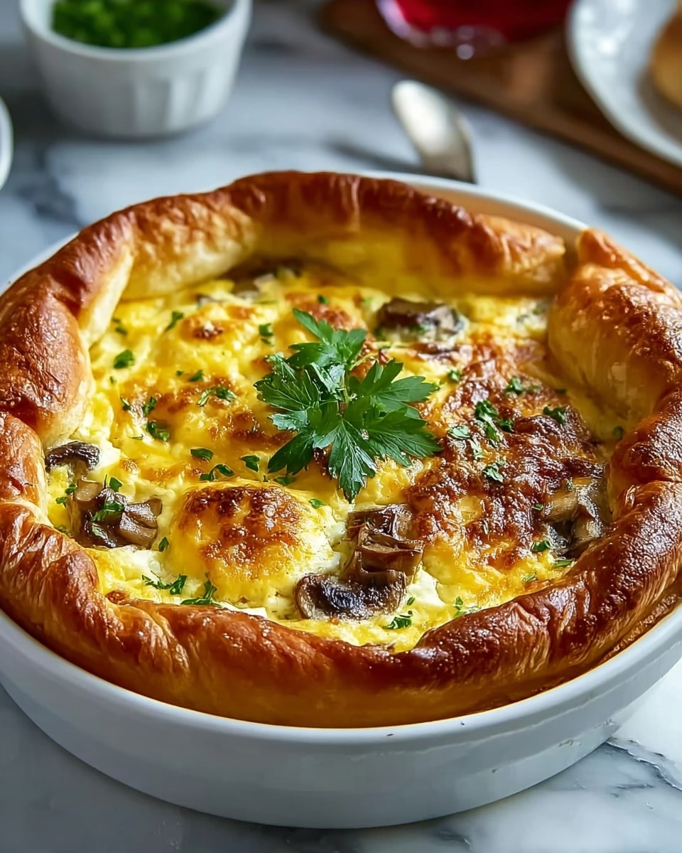 The dish is a baked pie in a white ceramic round dish with handles, placed on a white marbled surface. The pie has a thick outer crust that is golden brown and flaky, forming a raised border with folds. Inside, there are two main visible layers: a top layer of melted cheese with a bubbly, golden appearance, and a lower layer of creamy filling mixed with chunks of brown mushrooms and small bits of yellow corn. Fresh green parsley leaves are scattered on top, adding a touch of color. A small portion of the pie is missing, showing the creamy texture inside. Photo taken with an iphone --ar 4:5 --v 7