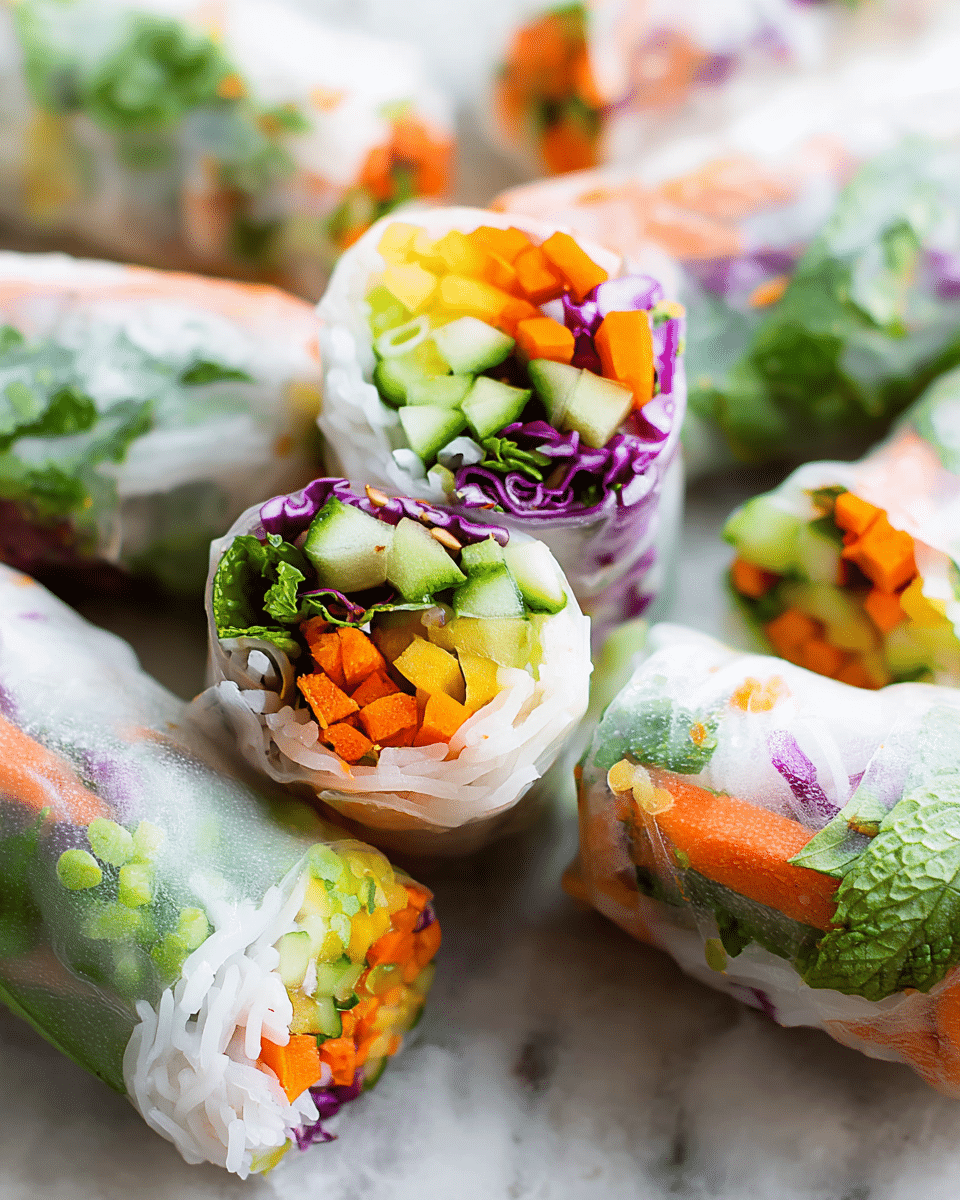 The image shows fresh spring rolls cut in half, revealing several layers inside. The outer layer is a shiny, translucent rice paper wrap with a slightly sticky texture. Inside, there are thin white rice noodles making up a thick, soft middle layer. On top of the noodles, there is a colorful mix of finely chopped vegetables including bright orange carrots, small yellow corn pieces, purple cabbage, and green herbs like cilantro and scallions. The rolls are placed closely together on a surface with a white marbled texture. The fresh and bright colors create a lively and healthy look. Photo taken with an iphone --ar 4:5 --v 7