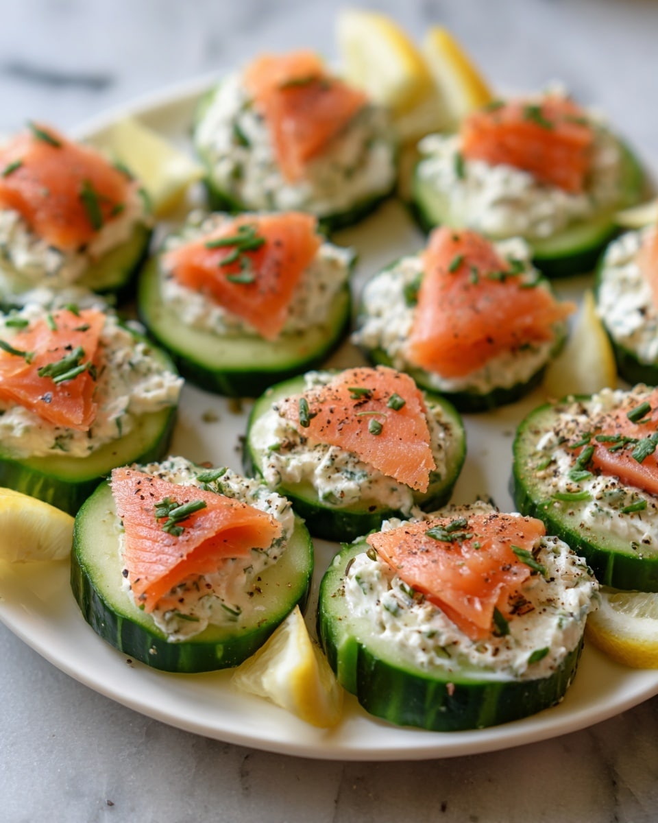 The image shows several round cucumber slices as the base layer, each topped with a thick spread of creamy white cheese mixed with herbs and small bits of seasoning. On top of the cheese layer, there is a small, folded piece of bright orange smoked salmon with visible black pepper and chopped green herbs sprinkled over it. The cucumber snacks are arranged closely on a white plate, with a few lemon wedges placed around them. The plate sits on a white marbled surface, giving a clean and fresh look. photo taken with an iphone --ar 4:5 --v 7