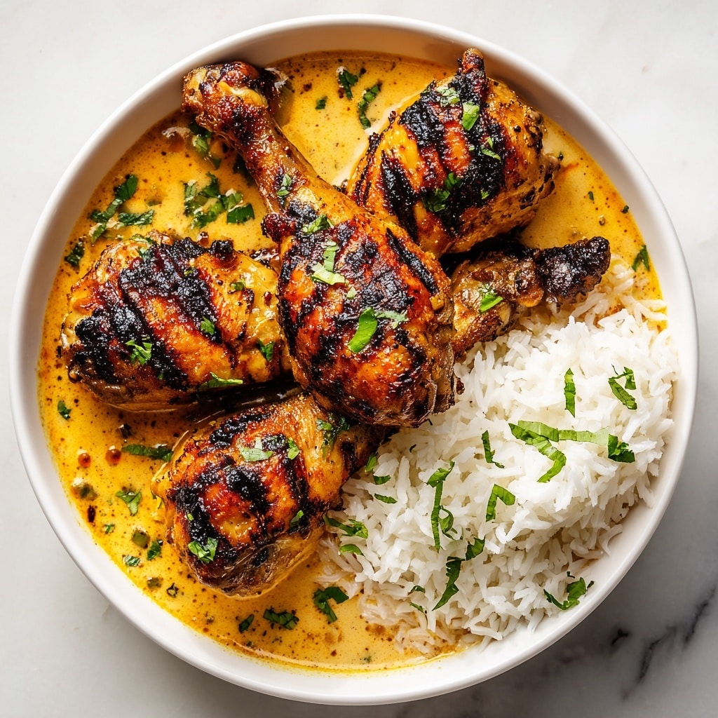 A white shallow bowl holds three grilled chicken drumsticks covered in a creamy, orange sauce with visible herbs. The chicken skin is slightly charred with grill marks and sprinkled with green herbs. On the right side of the bowl, there is a serving of white rice with small green herb pieces scattered on top. The bowl is placed on a white marbled surface. The colors include golden brown from the chicken, creamy orange from the sauce, white from the rice, and green from the herbs. Photo taken with an iphone --ar 4:5 --v 7