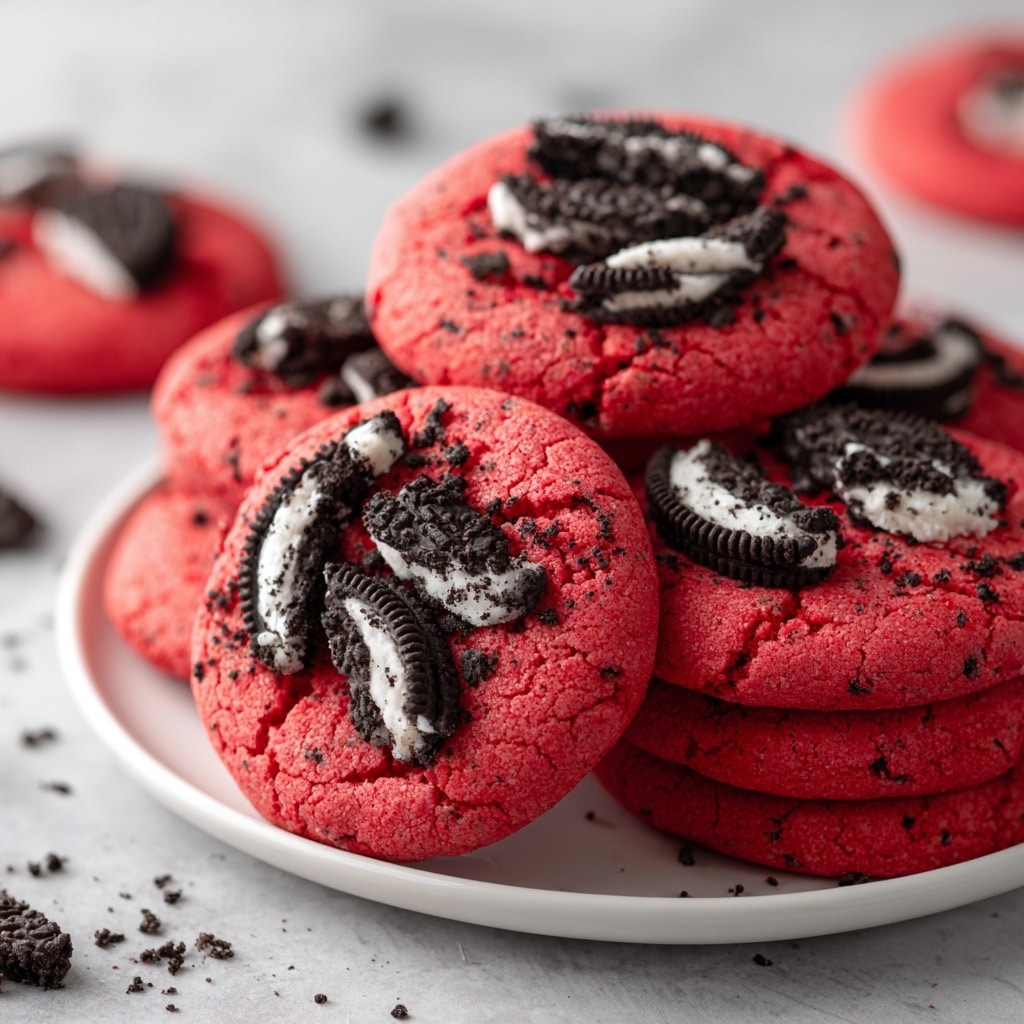 The image shows several bright red cookies on a white marbled surface. Each cookie has broken pieces of dark brown and white cream-filled sandwich cookies on top. The red cookie dough looks soft and slightly rough in texture, while the sandwich cookie pieces are crunchy with visible layers of dark chocolate cookie and white cream. The cookies are spread out evenly with some overlap and crumbs around them. photo taken with an iphone --ar 4:5 --v 7