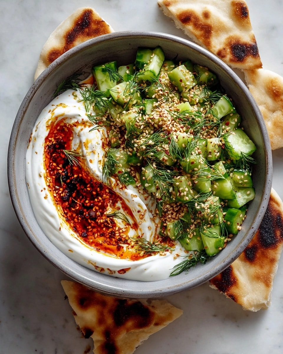 A gray bowl sits on a white marbled surface, filled with two main layers. On one side, there is a thick, creamy white layer of yogurt, swirled with a glossy, deep red chili oil sauce that has toasted sesame seeds sprinkled over it. On the other side, fresh green cucumber slices mixed with green herbs like dill are scattered, also topped with sesame seeds and chili flakes. Around the bowl, pieces of lightly toasted flatbread with golden brown char marks are placed casually. photo taken with an iphone --ar 4:5 --v 7