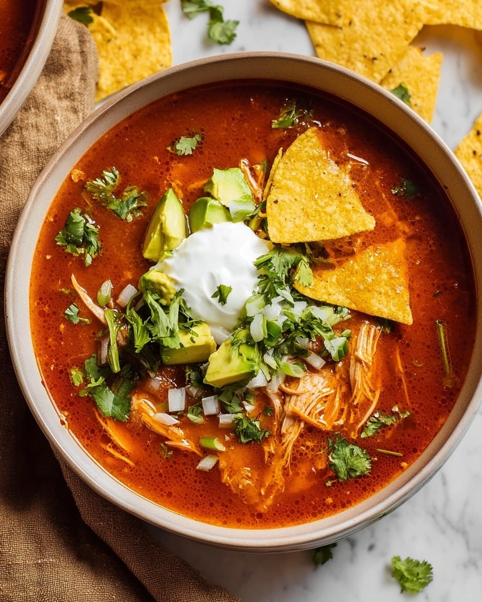 A white bowl filled with thick red soup containing shredded chicken, topped with a dollop of white sour cream at the center. Around the sour cream are chunks of green avocado, chopped green onions, fresh green cilantro leaves, and finely chopped white onions. Three yellow, triangular tortilla chips are placed into the soup on one side, partially submerged. The bowl is set on a light brown cloth on a white marbled surface, with extra tortilla chips scattered nearby. photo taken with an iphone --ar 4:5 --v 7