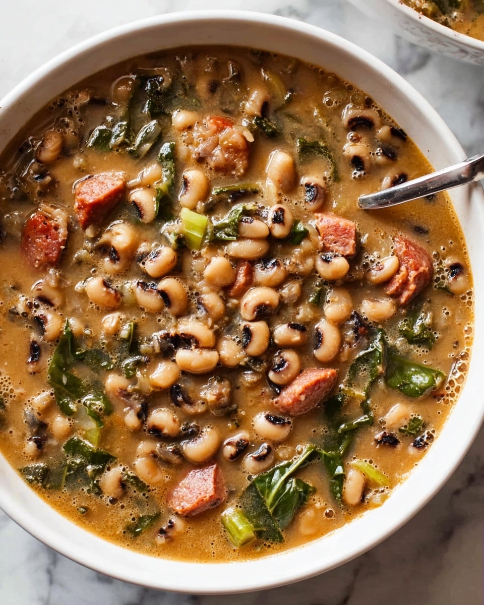 A white bowl filled with a thick stew of black-eyed peas and small chunks of reddish-brown sausage, mixed with pieces of green leafy vegetables and celery. The stew has a brownish broth with visible ingredients like beans with black spots, sausage, and greens evenly spread throughout. A silver spoon rests partially inside the bowl on the right side, and the whole setup is on a white marbled surface. photo taken with an iphone --ar 4:5 --v 7