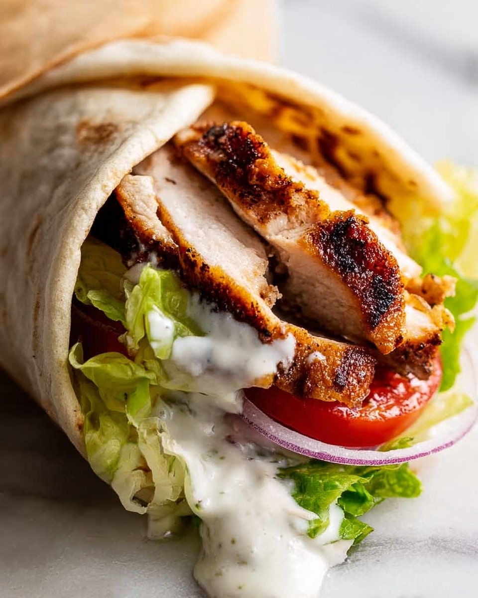 A close-up shot of a wrap showing four layers inside a folded creamy pale pita bread. The first layer at the bottom consists of fresh green lettuce leaves, adding a crisp texture. Above the lettuce, there are slices of red tomato and thin strips of purple onion, adding a fresh and colorful touch. On top of the vegetables, there are several pieces of thick, golden-brown grilled chicken with a slightly charred crust, showing juicy white meat inside. The final layer inside the wrap is a drizzle of smooth, white creamy sauce, some of which has spilled onto the white marbled surface around the wrap. Photo taken with an iphone --ar 4:5 --v 7