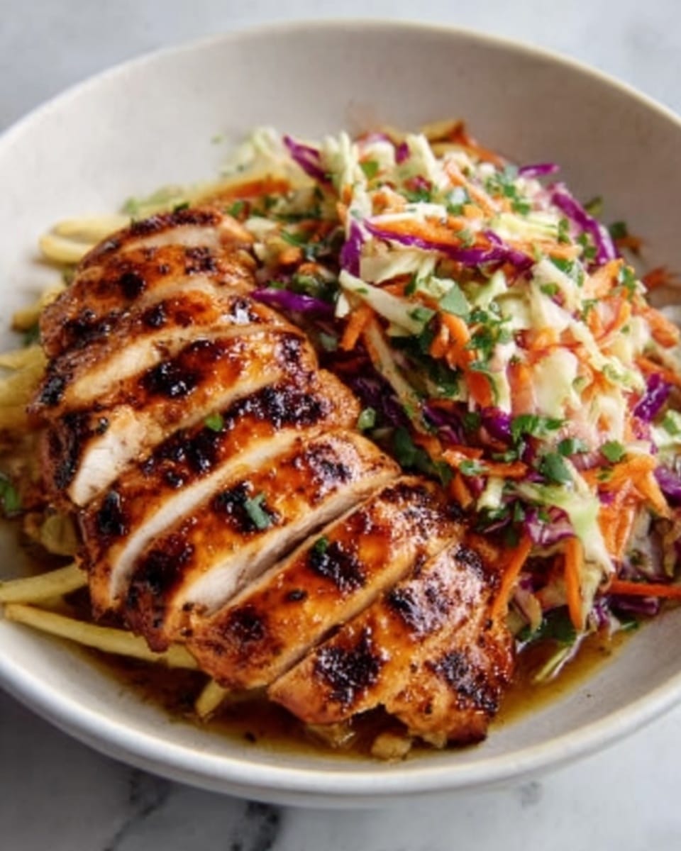 A white bowl holds a dish of grilled chicken sliced into thick pieces, each piece showing a golden brown color with a glossy, slightly charred surface from the sauce glaze. Beneath the chicken, there is a colorful layer of shredded vegetables including orange carrots, purple cabbage, and green herbs, mixed together to create a fresh, crunchy base. The sauce drizzled over the chicken is dark brown and shiny, pooling a little on the vegetables below. The bowl sits on a white marbled surface. Photo taken with an iphone --ar 4:5 --v 7