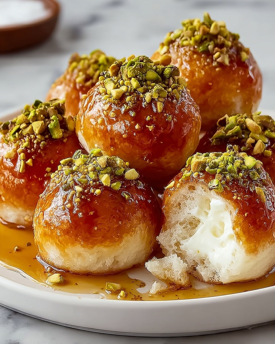 The image shows seven round dough balls on a white plate, each covered with shiny golden syrup and sprinkled with finely chopped green pistachios. One dough ball in the front has a bite taken out, revealing a soft, fluffy interior filled with creamy white cheese. The syrup glistens on the dough balls and pools slightly on the white plate, resting on a white marbled surface. Photo taken with an iphone --ar 4:5 --v 7