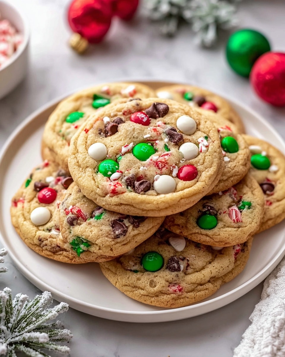 A white plate holds a stack of six round cookies, each about one thick layer, with a soft and slightly chewy texture. The cookies are light brown with embedded colorful candy pieces on top, including red and white peppermint swirls, green and red small round candies, white round chocolate drops, light brown and milk chocolate chips scattered evenly throughout. The cookie surface looks slightly cracked and soft, showing a mix of smooth candy and melted chocolate textures. The plate sits on a white marbled surface with out-of-focus green and red Christmas ornaments and light greenery in the background, with warm soft lighting. photo taken with an iphone --ar 4:5 --v 7
