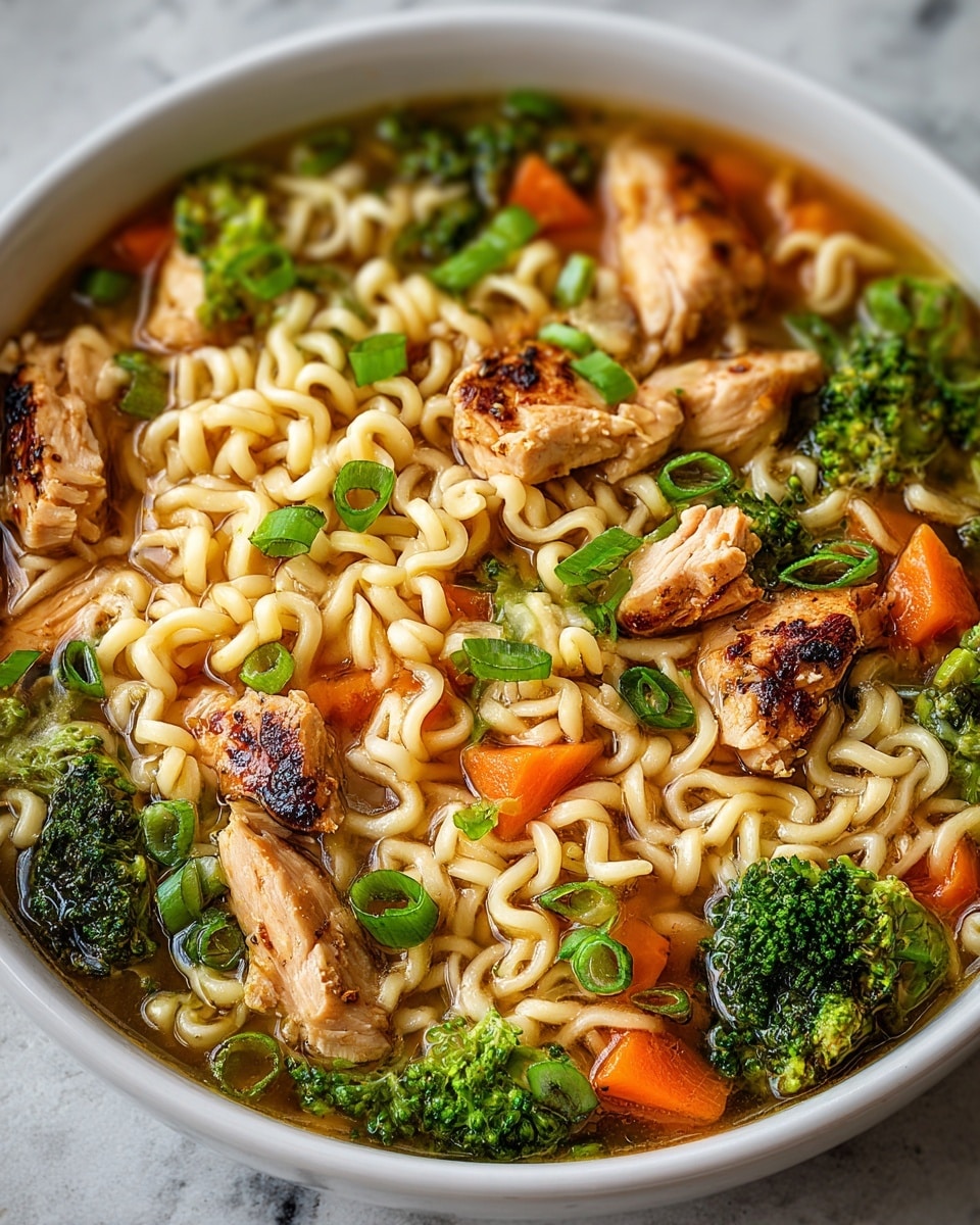 A white bowl filled with a close view of cooked ramen noodles in light brown broth, mixed with small pieces of grilled chicken that have a slight char, bright green broccoli florets, chunky orange carrot slices, and sprinkled green chopped scallions on top, all resting on a white marbled surface. photo taken with an iphone --ar 4:5 --v 7