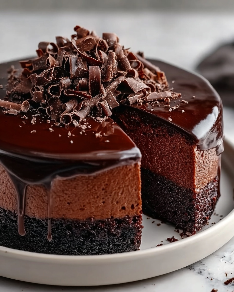 A round chocolate cake with two thick layers, the bottom layer is dark brown with a moist texture and the top layer is a lighter brown with a softer look. The cake is covered with a smooth, shiny dark chocolate glaze that drips slightly over the edges. On top, there are many dark chocolate curls arranged in the center, adding texture and height. The cake sits on a white plate with a matte finish, placed on a white marbled surface. photo taken with an iphone --ar 4:5 --v 7