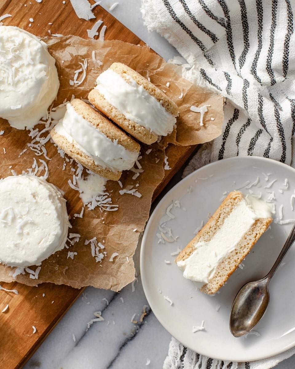 The image shows several coconut ice cream sandwiches on a wooden board covered with parchment paper. Each sandwich has two round, light beige cookie layers with a rough texture, and a thick middle layer of white, creamy coconut ice cream that is slightly melting and soft. There are some loose coconut flakes scattered around the board and on a few ice cream sandwiches. To the side, a white plate holds one ice cream sandwich, which is partly bitten, showing the creamy ice cream filling between the cookies. The scene is set on a white marbled surface with a white cloth and a black-and-white striped napkin nearby, enhancing the fresh and cool feel of the dessert. Photo taken with an iphone --ar 4:5 --v 7