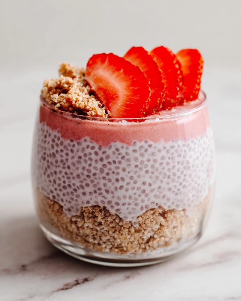 A clear glass filled with four layers: the bottom layer is a crumbly, light brown base; above it is a pink chia pudding layer with small, visible chia seeds; the next layer is a thin, chunky light brown topping scattered over about one-third of the pudding; and a bright red strawberry fan slice placed on top of the pudding on the right side. The scene is set on a white marbled surface with a blurred beige fabric background. photo taken with an iphone --ar 4:5 --v 7