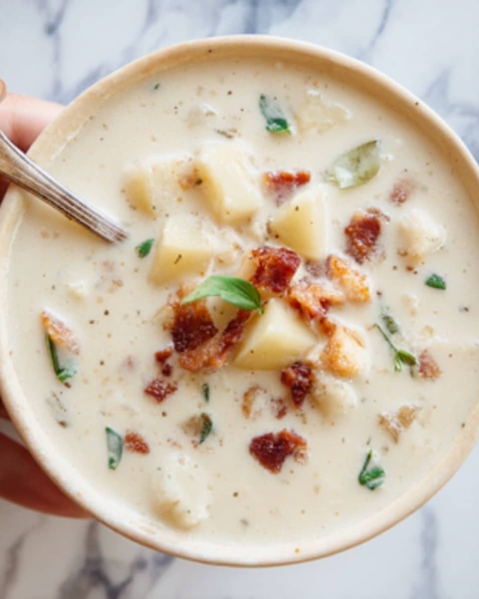 A close-up view of a thick, creamy white soup filled with small pieces of potatoes, bits of crispy bacon, and small green parsley leaves scattered on top. The soup has a smooth texture dotted with soft potato chunks and crispy bacon pieces, all held together in a white bowl. The background is a white marbled texture. photo taken with an iphone --ar 4:5 --v 7