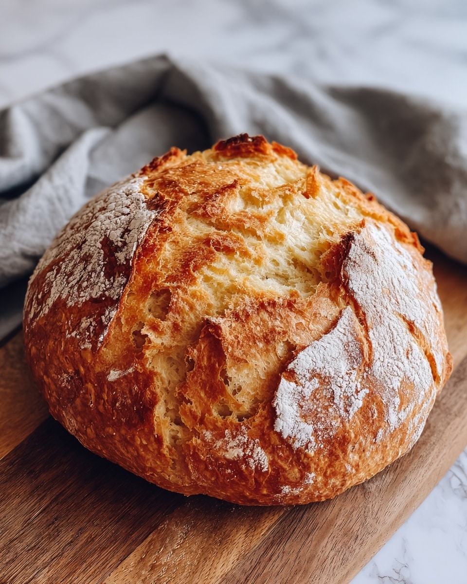A round loaf of rustic bread with a thick, crispy golden-brown crust that has deep cracks and ridges revealing the lighter, airy inside. The top has darker, almost caramelized patches with a rough, rugged texture. The loaf sits on a light wooden board, placed on a white marbled texture surface with a soft, folded cloth in the background. Photo taken with an iphone --ar 4:5 --v 7