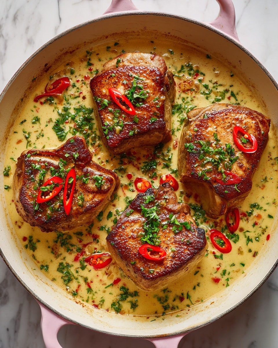 The image shows four thick pork chops cooked with a golden-brown crust on the top surface, sitting in a creamy, pale yellow sauce speckled with fresh chopped green herbs. On each chop, there are pieces of red sun-dried tomatoes scattered evenly, adding a pop of color. The pork chops are arranged inside a white ceramic pan, and the sauce surrounds them, pooling gently around the edges. The texture of the sauce looks rich and smooth, with visible small bits of herbs spread throughout. The background features a white marbled surface. Photo taken with an iphone --ar 4:5 --v 7