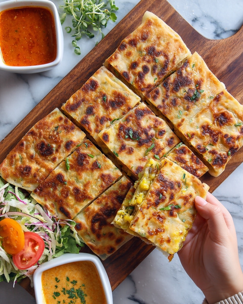 A wooden board holds nine golden-brown, square flatbreads with a slightly charred and crispy surface. One flatbread is cut into two halves, showing a thick inner layer of yellowish filling mixed with small bits of green herbs, white pieces, and some spices. A woman's hand holds the stack of two halves above the board. In the background, two white square bowls contain red and orange sauces, next to some shredded lettuce, cherry tomatoes, and orange bell pepper slices, all set on a white marbled surface. photo taken with an iphone --ar 4:5 --v 7