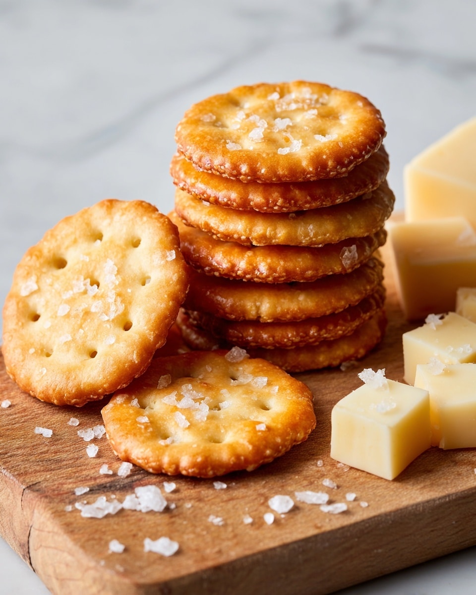 A pile of small, round crackers with a golden brown top layer and a light, slightly textured base layer, scattered on a light brown wooden board, with large grains of white salt sprinkled on some crackers, and a few pale yellow cheese cubes placed near the crackers. The background is a white marbled texture. Photo taken with an iphone --ar 4:5 --v 7