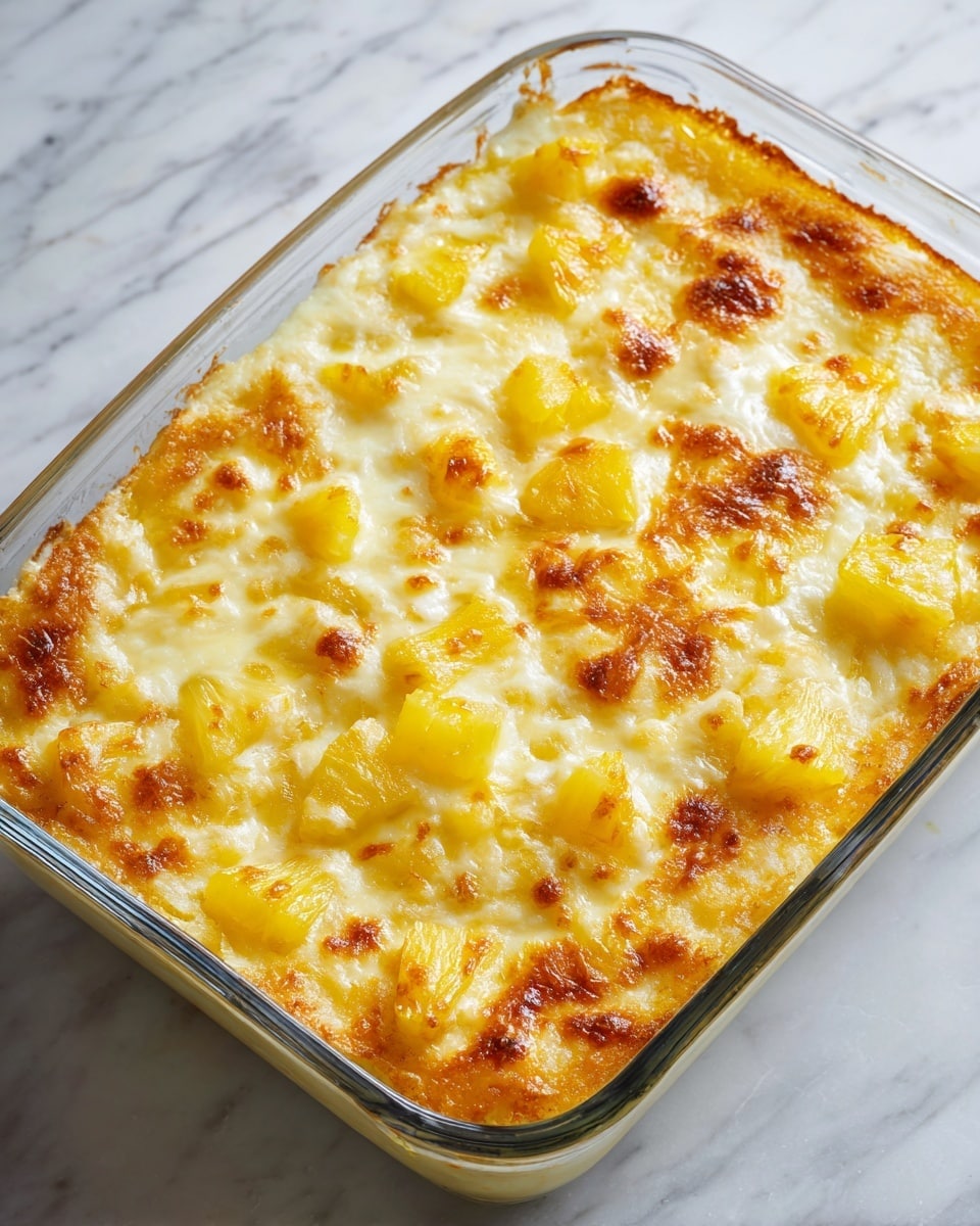 A close-up of a baked dish in a clear glass rectangular pan showing two main layers: the bottom layer is a soft, creamy, pale yellow base with a smooth texture, while the top layer consists of golden brown, slightly crispy melted cheese with bright yellow pineapple chunks scattered evenly across it. The edges of the dish show some browned spots where the cheese has caramelized. The background has soft blurred warm lights and a white marbled surface underneath the pan. photo taken with an iphone --ar 4:5 --v 7
