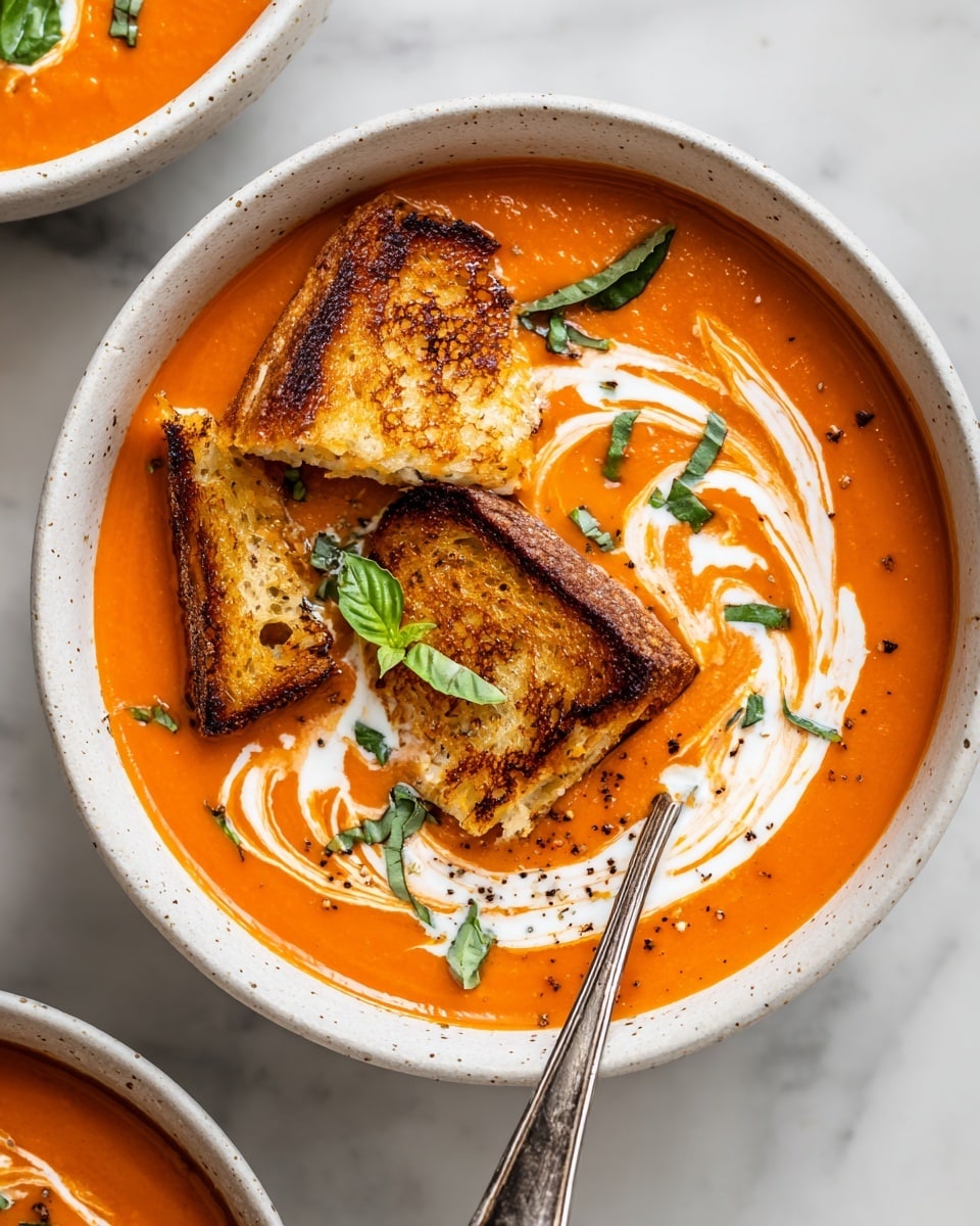 A close-up of a white bowl filled with smooth, bright orange tomato soup. On top, there are three small, golden-brown grilled cheese sandwich pieces, cut into squares and placed randomly, slightly sinking into the soup. Swirls of white cream mix gently with the soup around the sandwich pieces. Small fresh green basil leaves are scattered on the soup and sandwich, with a light sprinkling of black pepper. A silver spoon rests in the soup, held by a woman's hand at the edge. The bowl is placed on a white marbled surface with a black and white striped cloth nearby. photo taken with an iphone --ar 4:5 --v 7